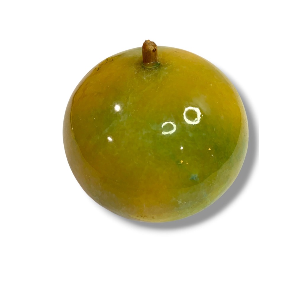 Apple Paperweight Marble Alabaster 2.8" Wood Stem Vintage Yellow Green Teacher